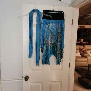 Source Unknown Blue Floral Handkerchief Hem Mini Skirt with Scarf